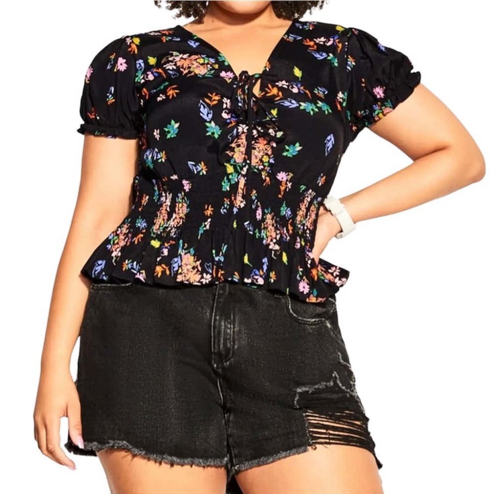 NWT City Chic CCX Windswept Top Black Plus Lace-Up Tie Floral — Size S/16